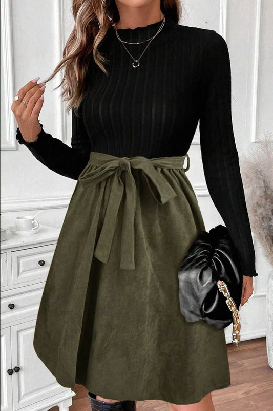 Sarah Express Women's Ribbed Tie Waist A-Line Dress Black