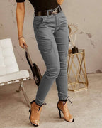 Sarah Express Women's Low Waist Cotton Blend Cargo Overalls Loose Fit Button Detail Trousers