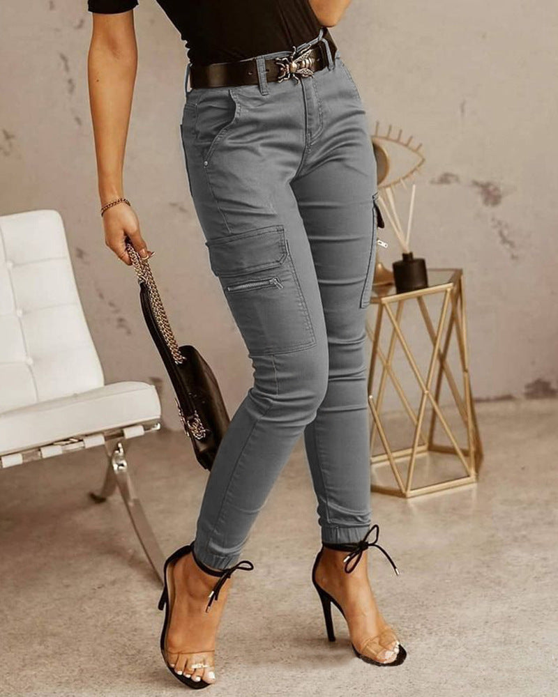 Sarah Express Women's Low Waist Cotton Blend Cargo Overalls Loose Fit Button Detail Trousers