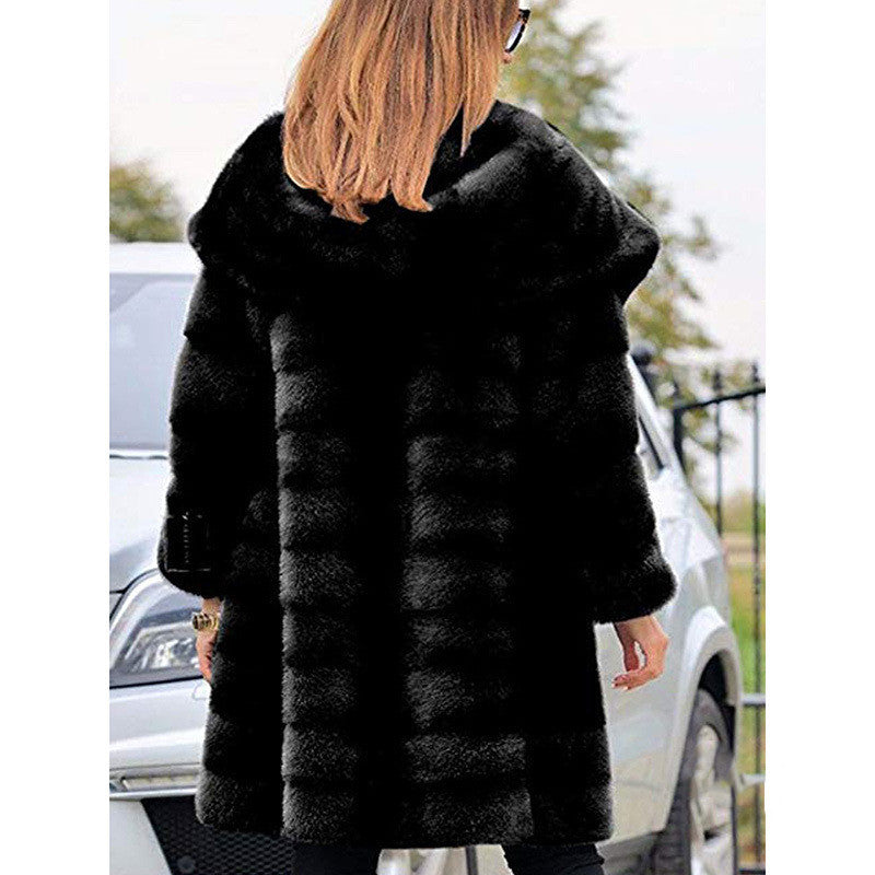 Sarah Express Plush Faux Fur Hooded Coat Loose Fit Medium Length