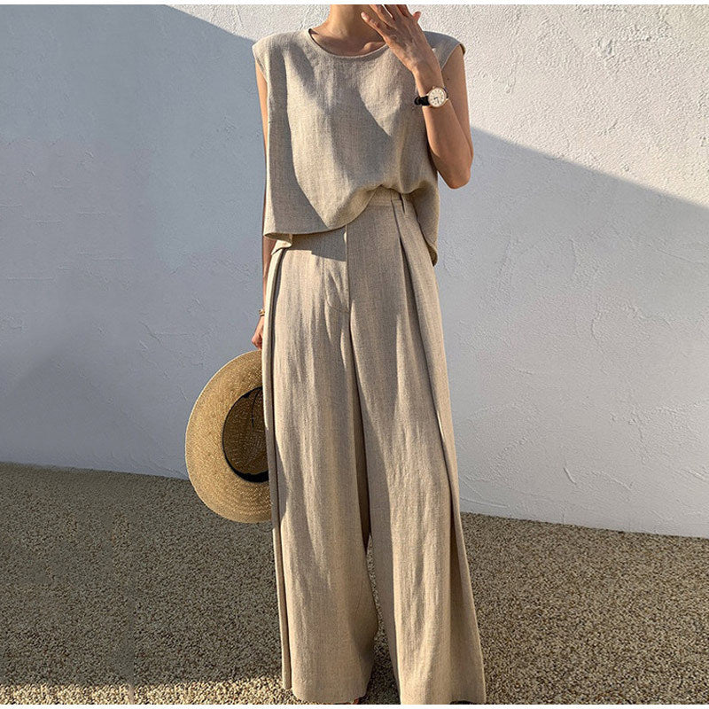 Sarah Express Women's Cotton Linen Two-Piece Set Sleeveless Top Wide Leg Pants Casual