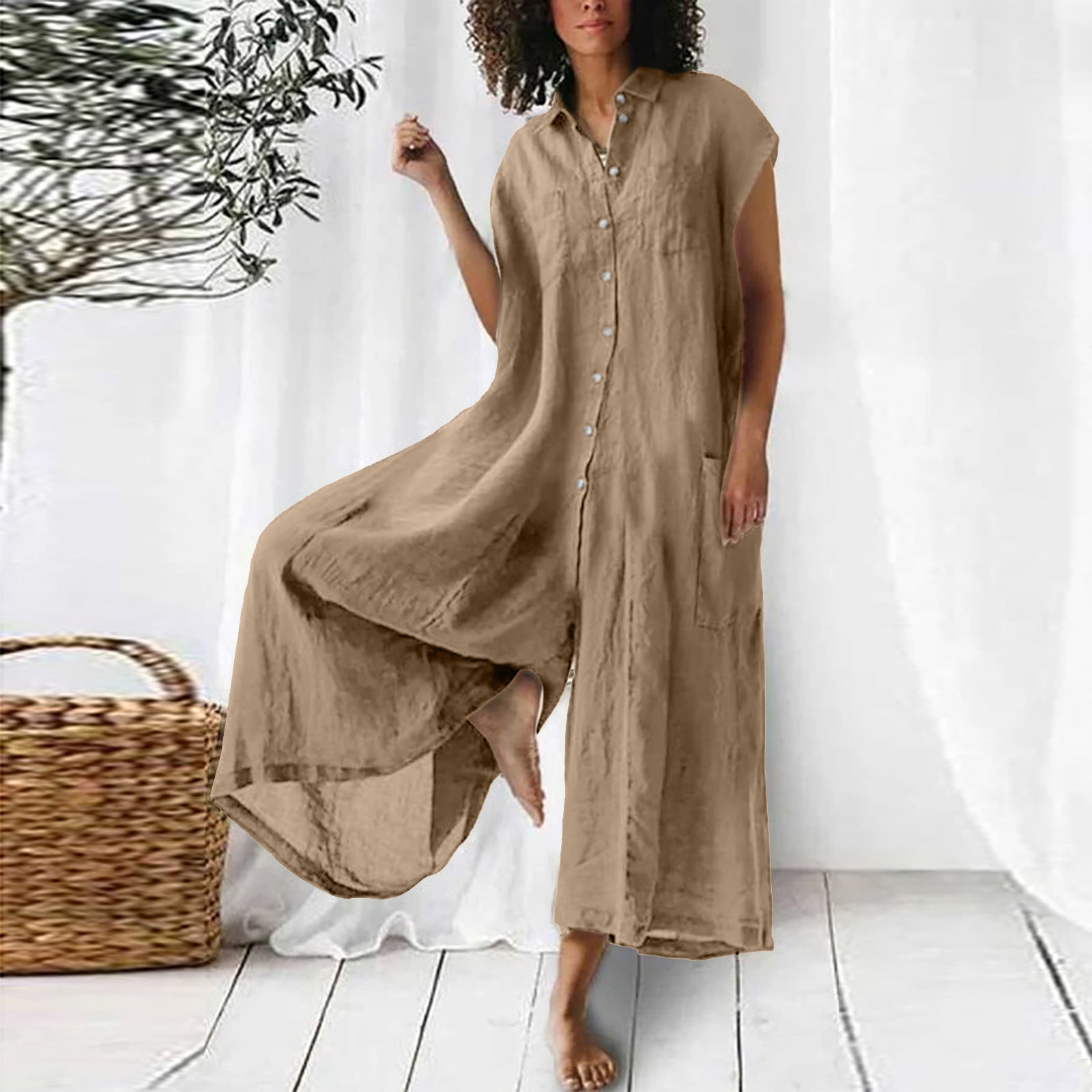 Sarah Express Short Sleeve Mid-Length Linen Jumpsuit Casual