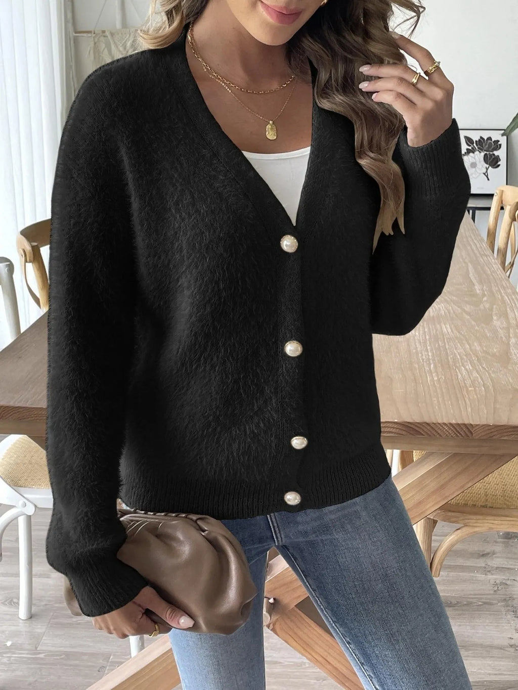 Sarah Express Women's Fuzzy Button-Front Cardigan