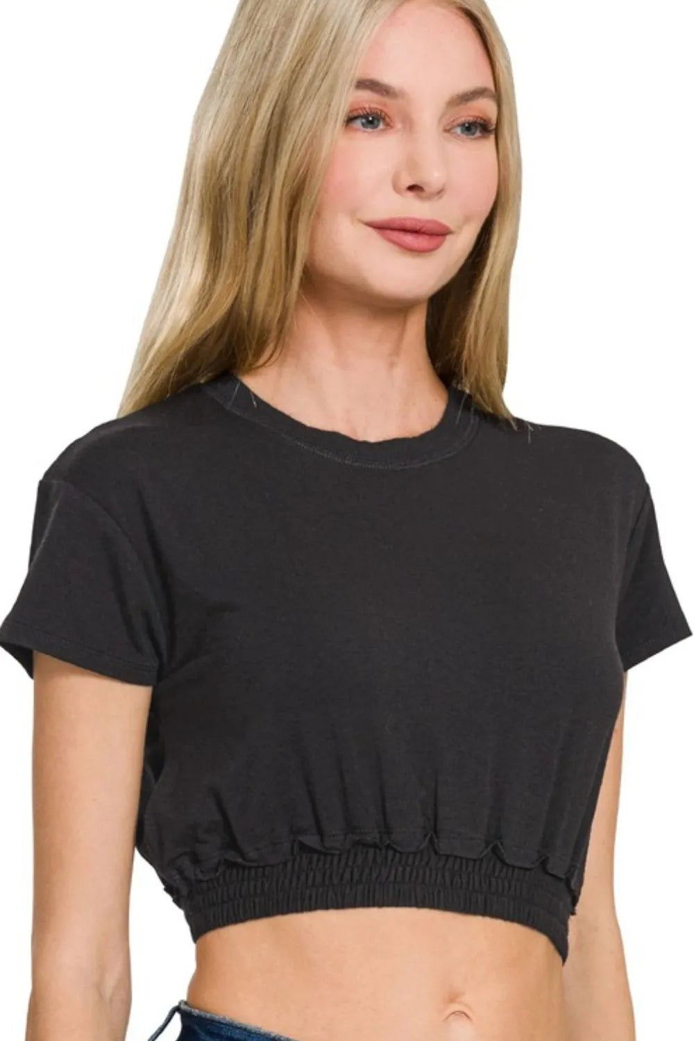 Sarah Express Women's Crop Top Smocked Elastic Hem Casual Summer