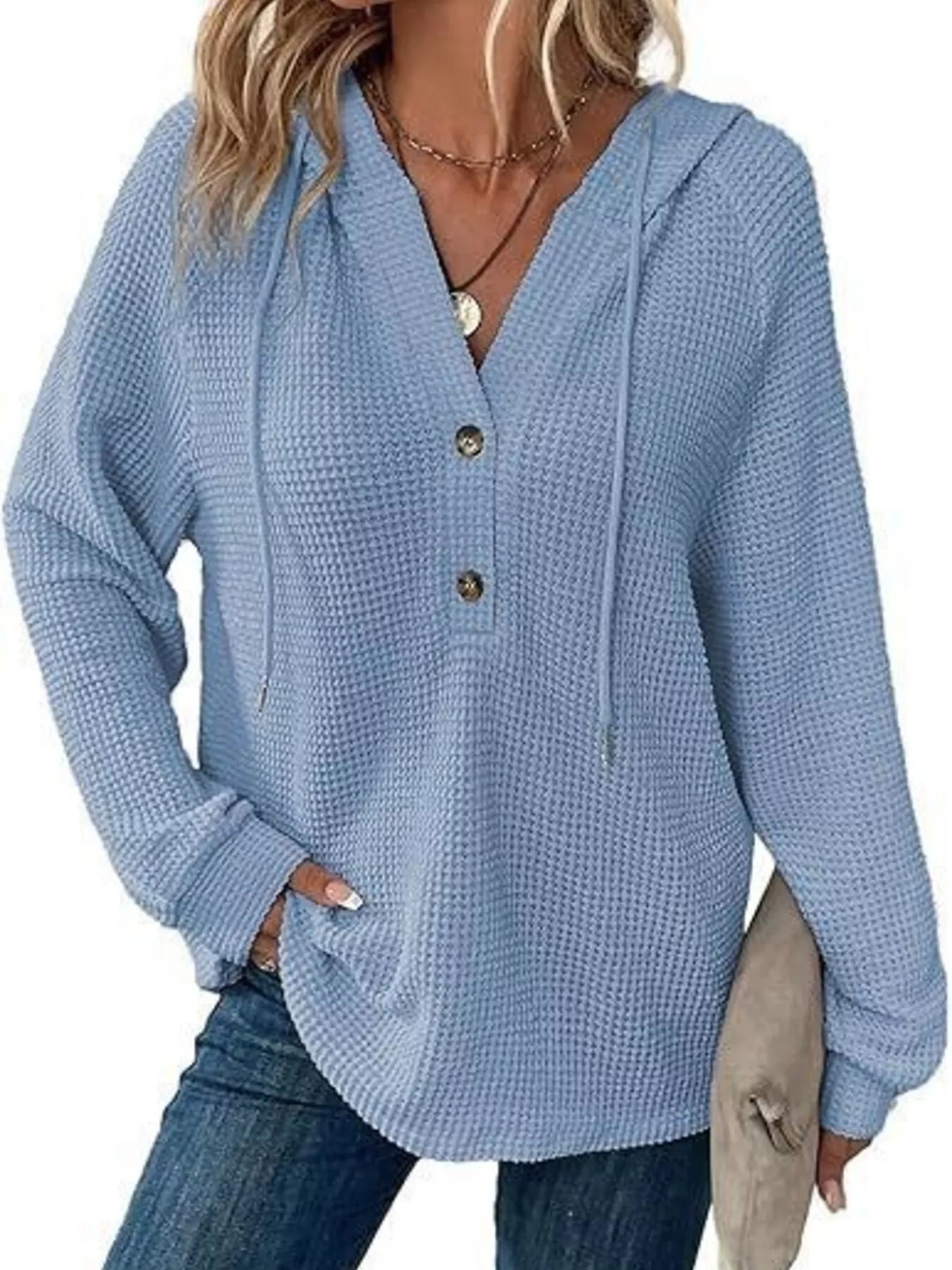 Sarah Express Women's Button Detail Waffle Knit Hoodie - Plus Size Drawstring Pullover with Pockets Sky Blue