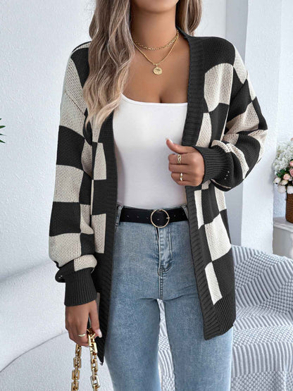 Sarah Express Women's Color Block Plaid Cardigan Sweater - Lantern Sleeve Mid-Length Knit Coat