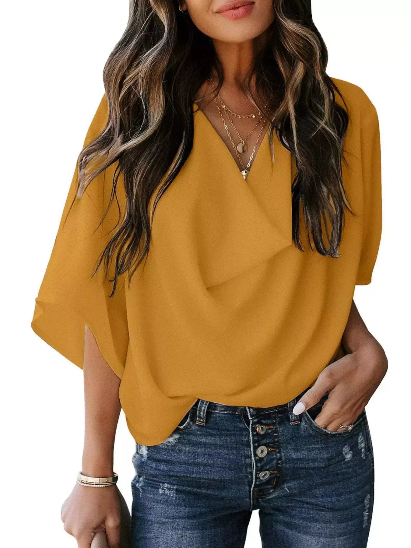 Sarah Express Women's Half Sleeve Flowy Blouse Plus Size Yellow