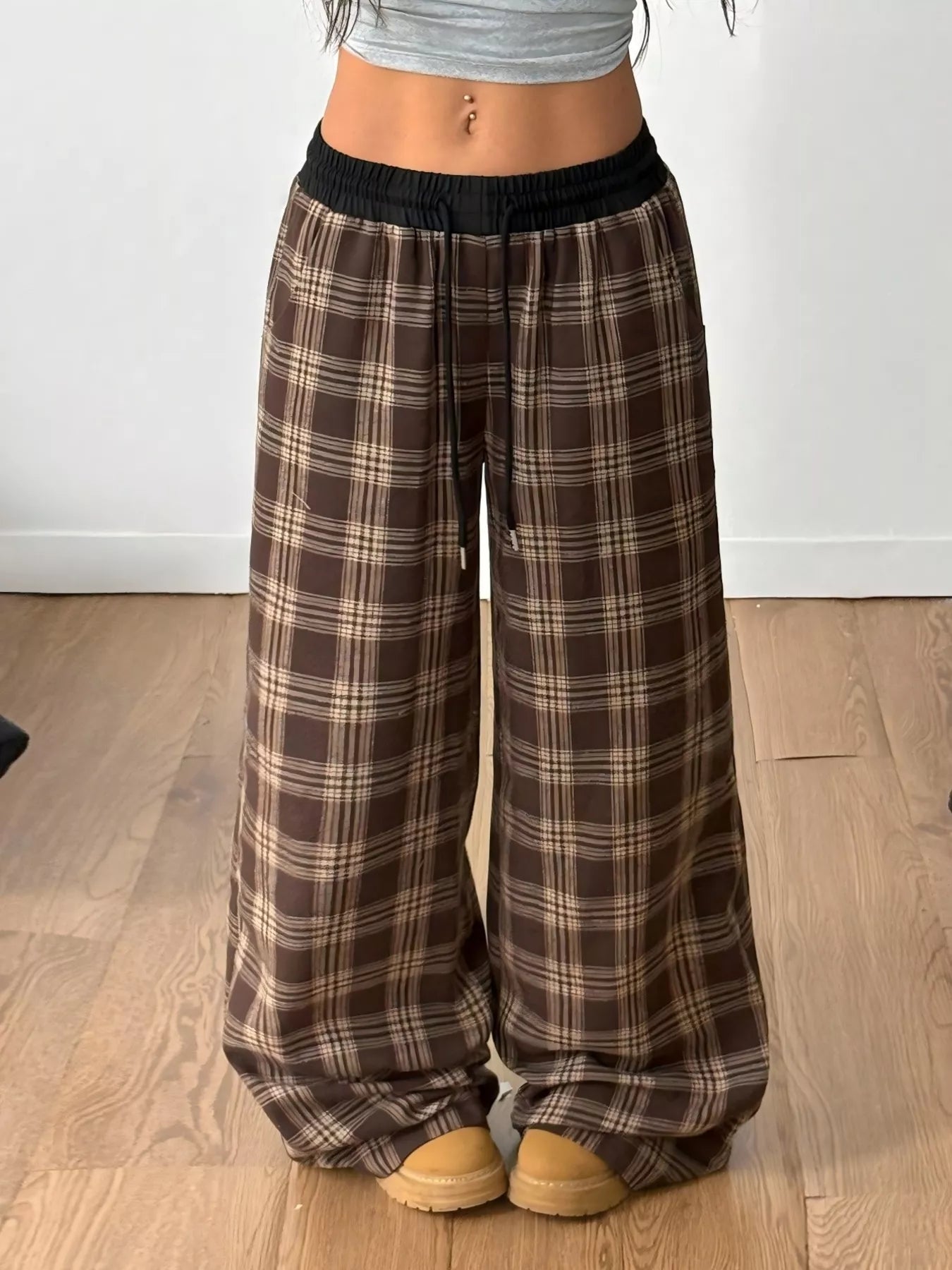 Sarah Express Women's Plaid Wide Leg Pants with Drawstring and Pockets