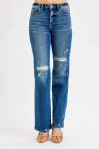 Sarah Express Women’s Plus Size High Rise Tummy Control Distressed Straight Jeans
