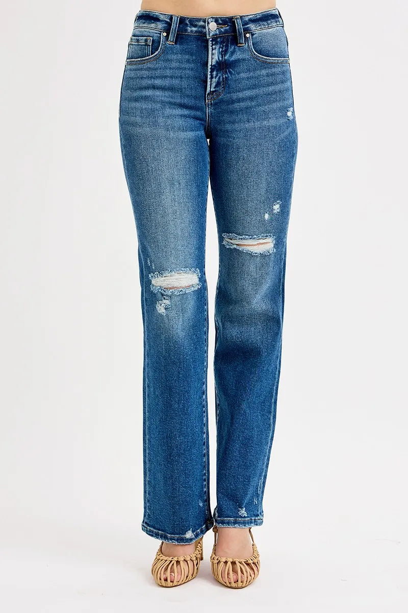 Sarah Express Women’s Plus Size High Rise Tummy Control Distressed Straight Jeans

