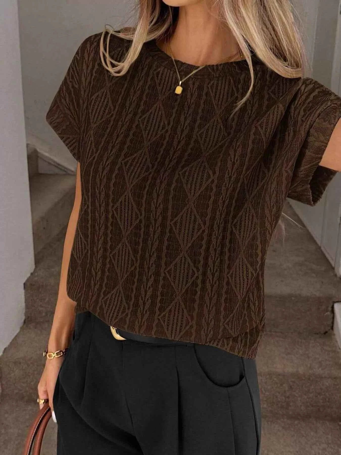Sarah Express Women's Diamond Pattern Round Neck Top - Short Sleeve Knit Blouse Chocolate