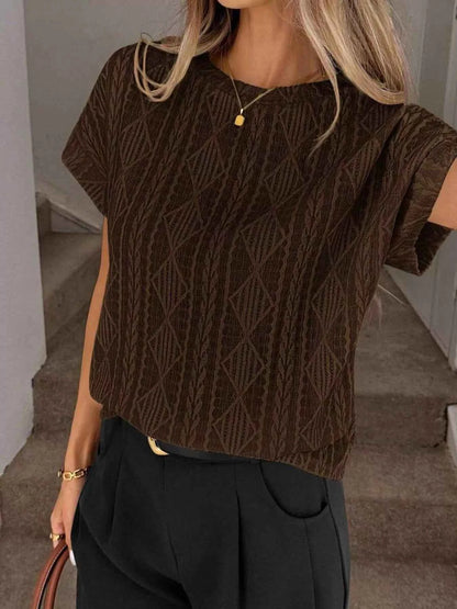 Sarah Express Women's Diamond Pattern Round Neck Top - Short Sleeve Knit Blouse Chocolate