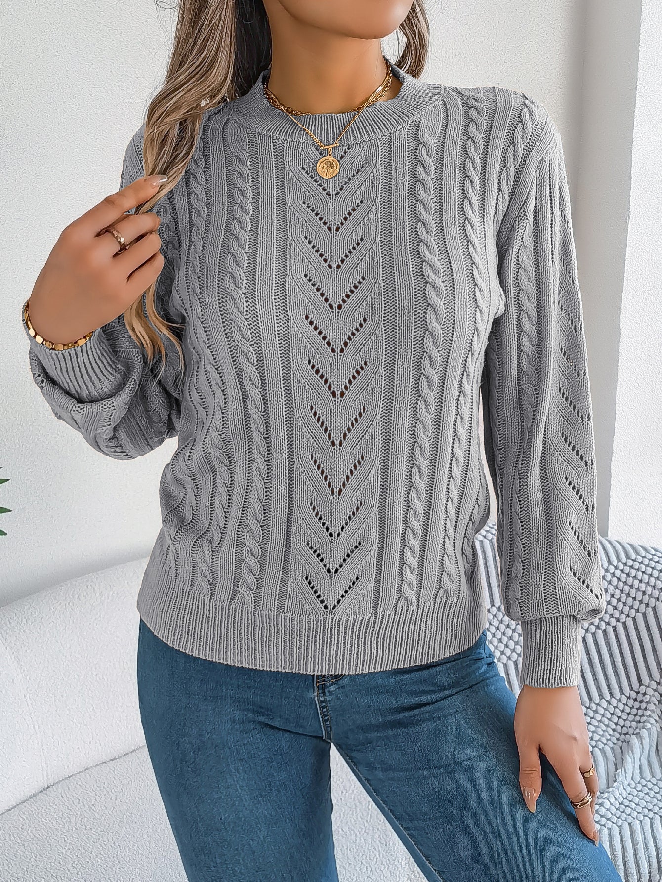 Sarah Express Women's Hollow Out Lantern Sleeve Pullover Sweater - Casual Solid Color Knitwear