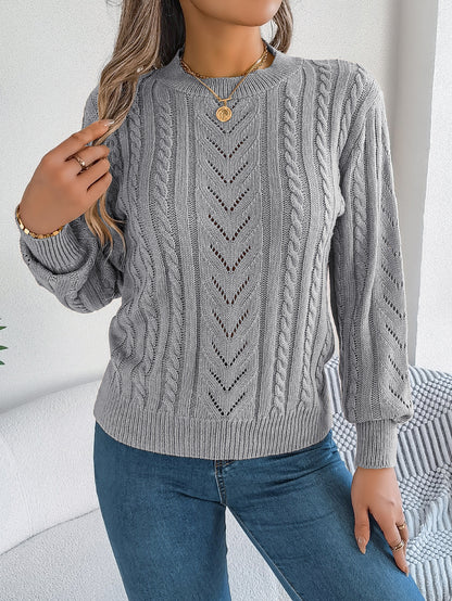 Sarah Express Women's Hollow Out Lantern Sleeve Pullover Sweater - Casual Solid Color Knitwear