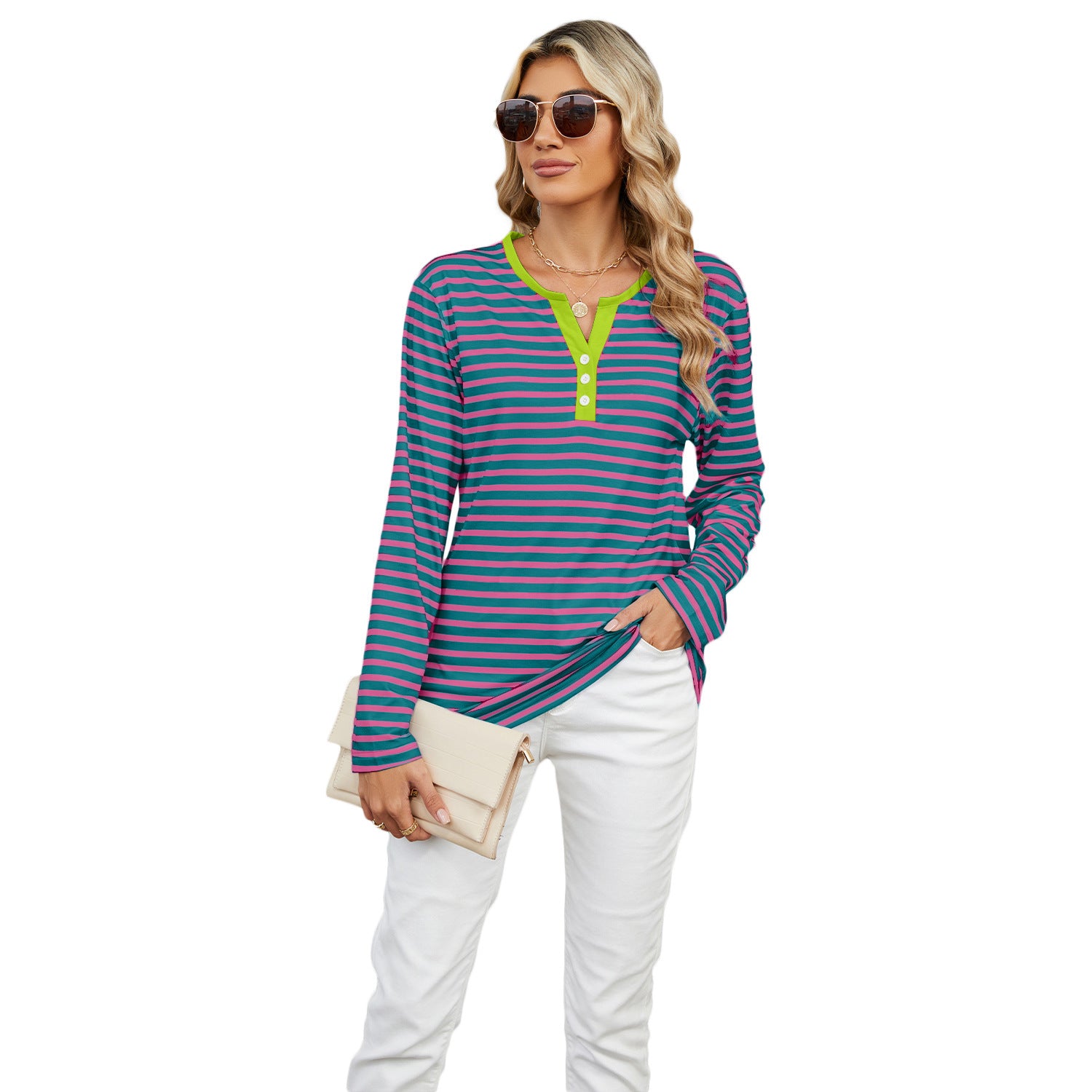 Sarah Express Women's V-Neck Striped Long Sleeve T-Shirt Loose Fit Casual Top