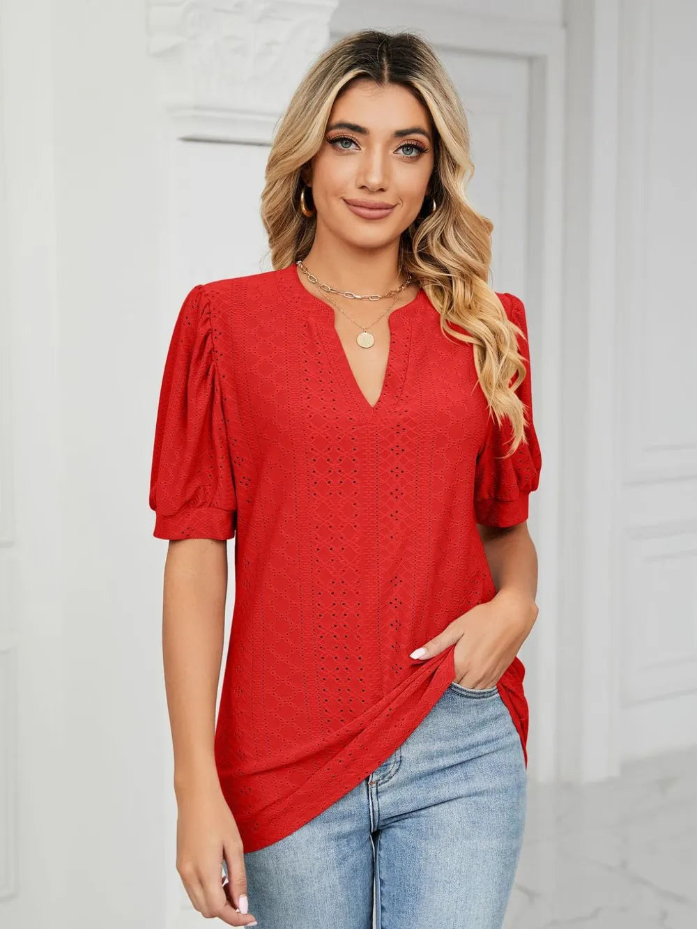 Sarah Express Women's Florira Eyelet Notched Short Sleeve T-Shirt Deep Red