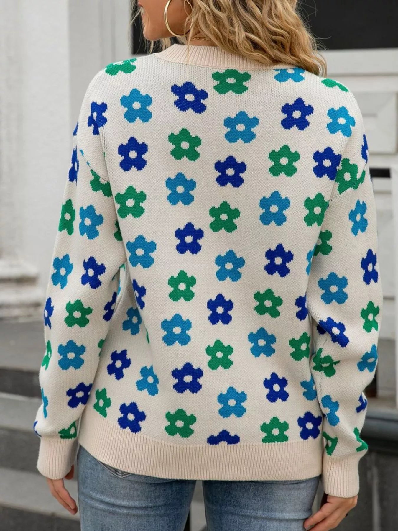 Sarah Express Women's Floral Crew Neck Sweater - Acrylic Knit Pullover