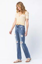 Sarah Express Women’s Plus Size Distressed Mid Rise Straight Jeans
