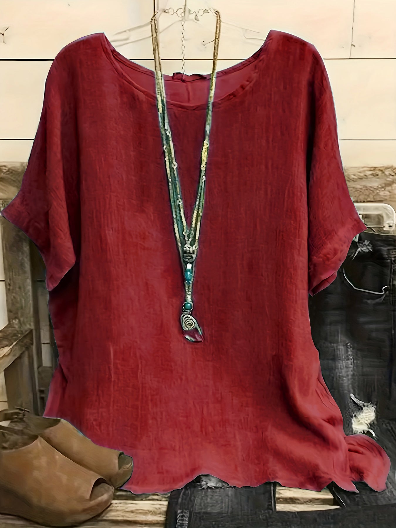 Sarah Express Women's Cotton Blend Round Neck Blouse 3/4 Sleeve Loose Fit Top