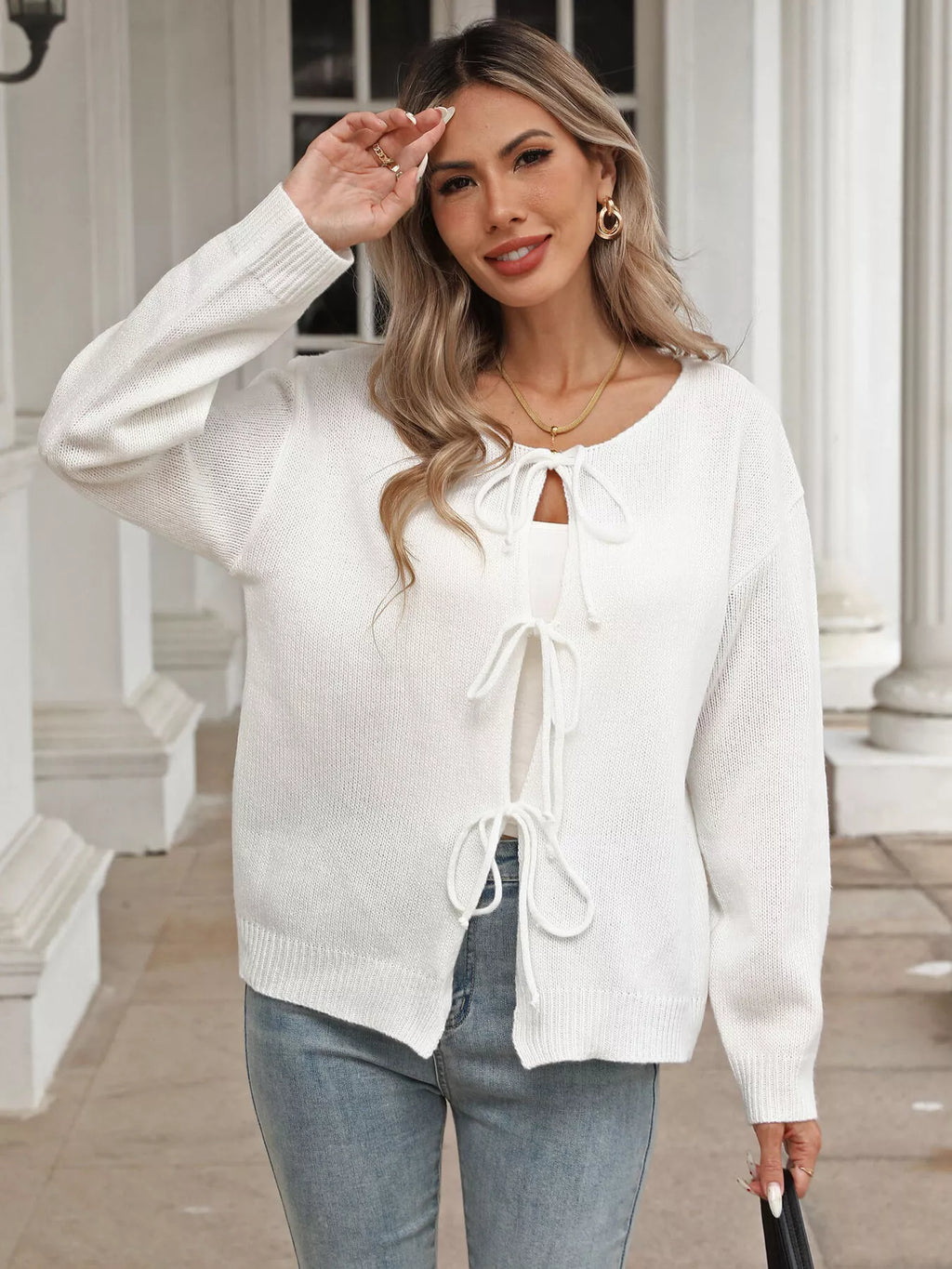 Sarah Express Women's Tie-Front Long Sleeve Cardigan - Ribbed Knit Sweater with Pockets