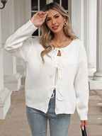 Sarah Express Women's Tie-Front Long Sleeve Cardigan - Ribbed Knit Sweater with Pockets