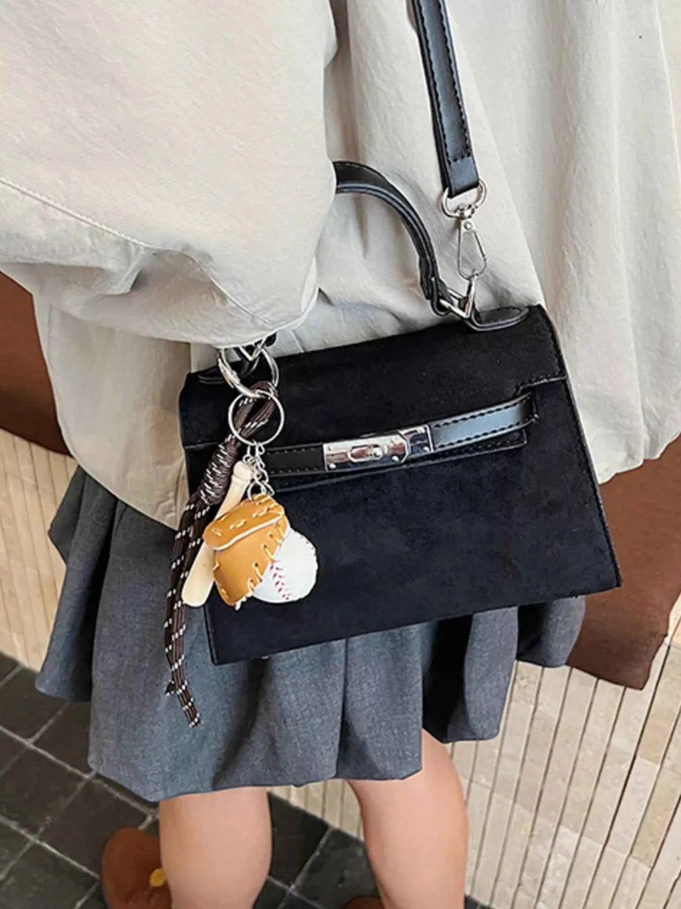 Sarah Express Women's Mini Crossbody Bag with Baseball Charm - Suede Shoulder Bag