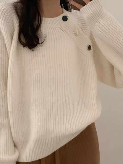 Sarah Express Women's Button-Decorated Round Neck Sweater