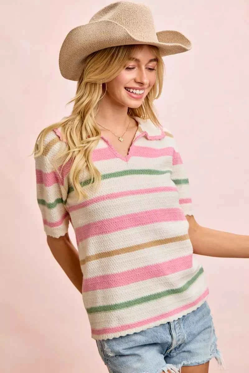 Sarah Express Women's Multi Color Striped Collared Knit Top - Ribbed Preppy Sweater