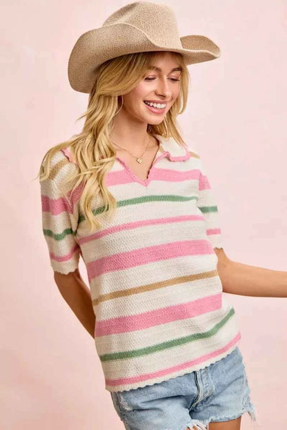Sarah Express Women's Multi Color Striped Collared Knit Top - Ribbed Preppy Sweater