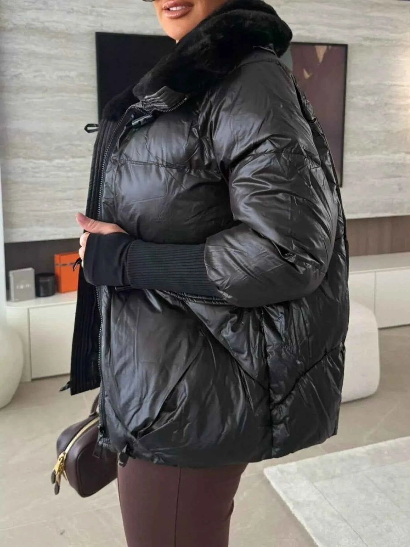 Sarah Express Women's Fur Collar Padded Puffer Jacket - Warm Winter Coat with Zipper Pockets