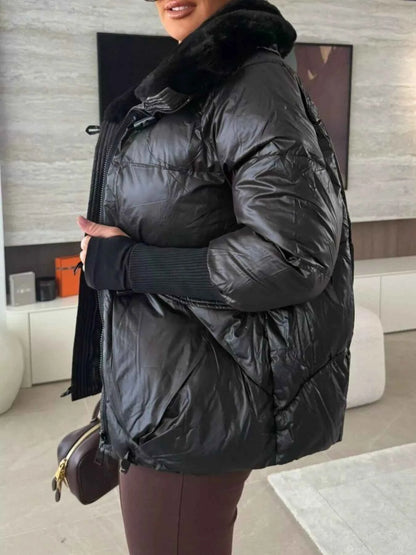 Sarah Express Women's Fur Collar Padded Puffer Jacket - Warm Winter Coat with Zipper Pockets