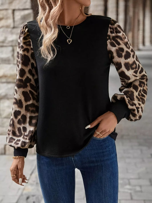 Sarah Express Women's Leopard Print Long Sleeve Round Neck T-Shirt