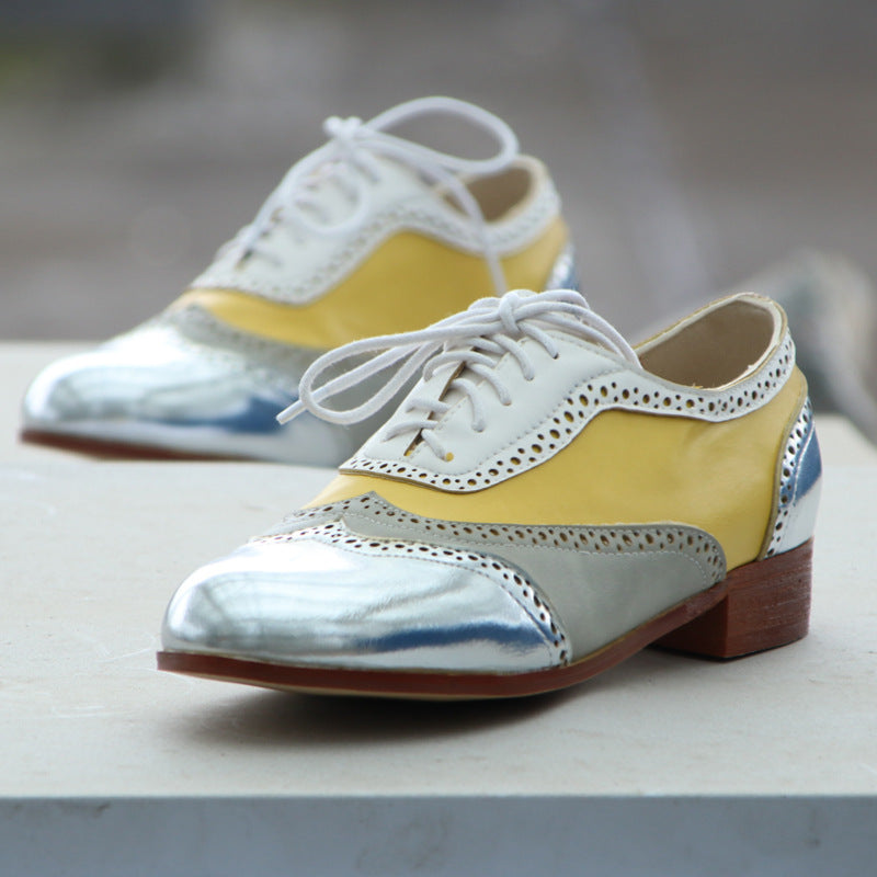Sarah Express Women's Yellow Lace-Up Block Heel Pumps - Round Toe Low Heel Dress Shoes Yellow
