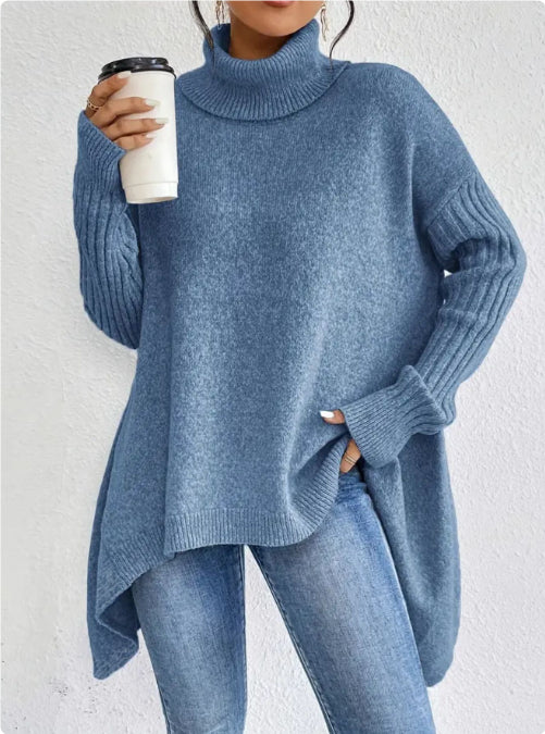 Sarah Express Women's Irregular Turtleneck Sweater - Loose Knit Long Sleeve Pullover Sky Blue