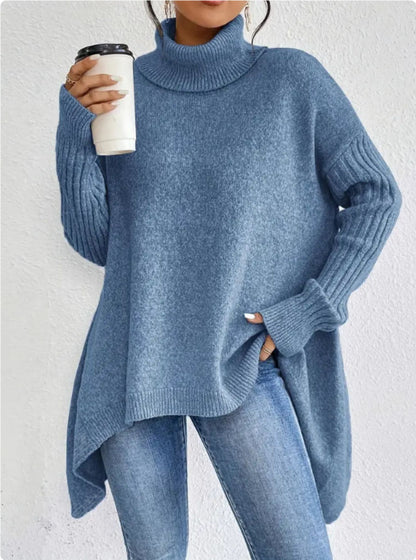 Sarah Express Women's Irregular Turtleneck Sweater - Loose Knit Long Sleeve Pullover Sky Blue