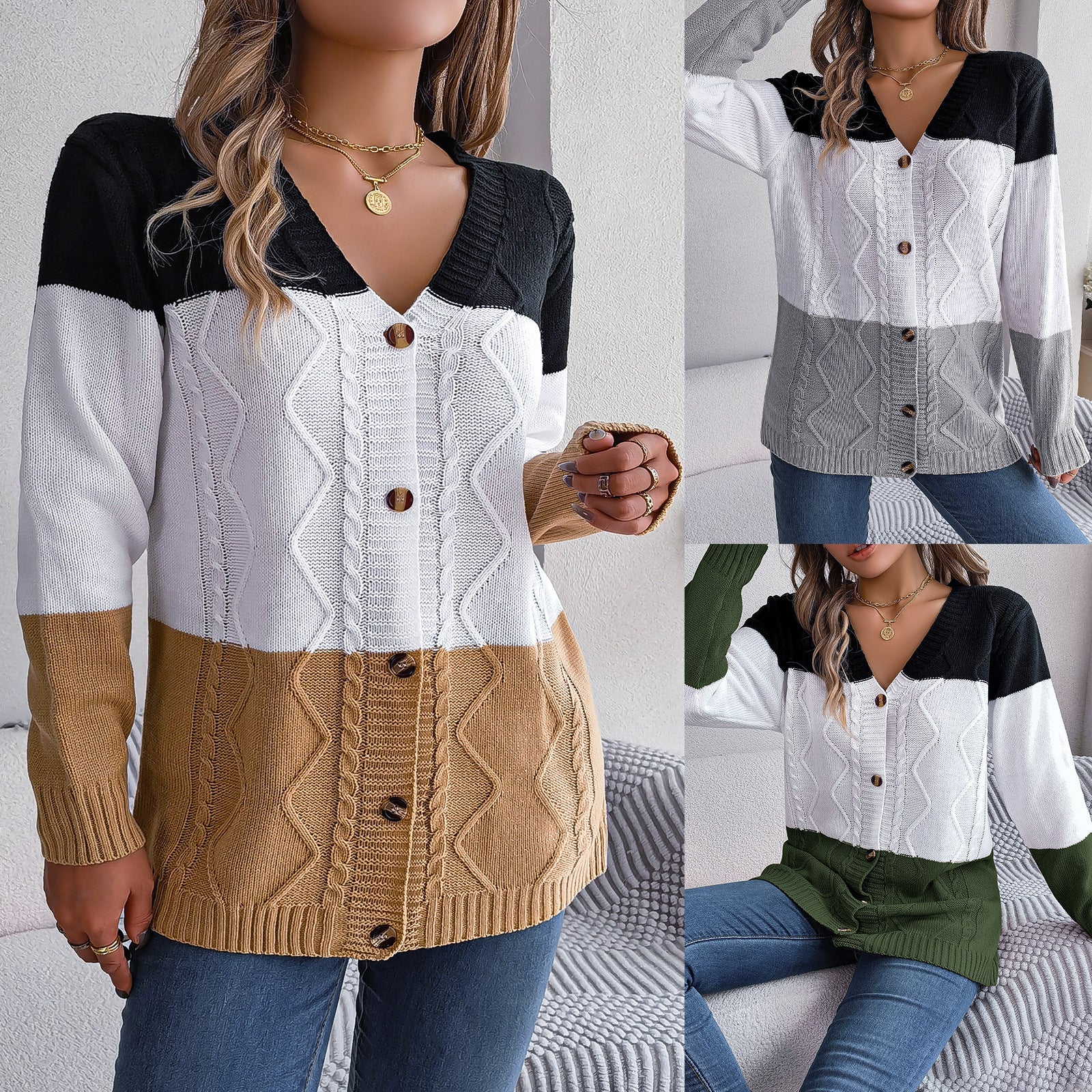 Sarah Express Women's Contrast Color Block Button Long Sleeve Sweater Loose Fit Acrylic Knit