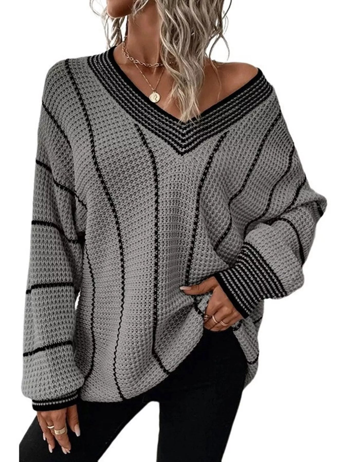 Sarah Express Women's V-Neck Textured Knit Sweater Plus Size