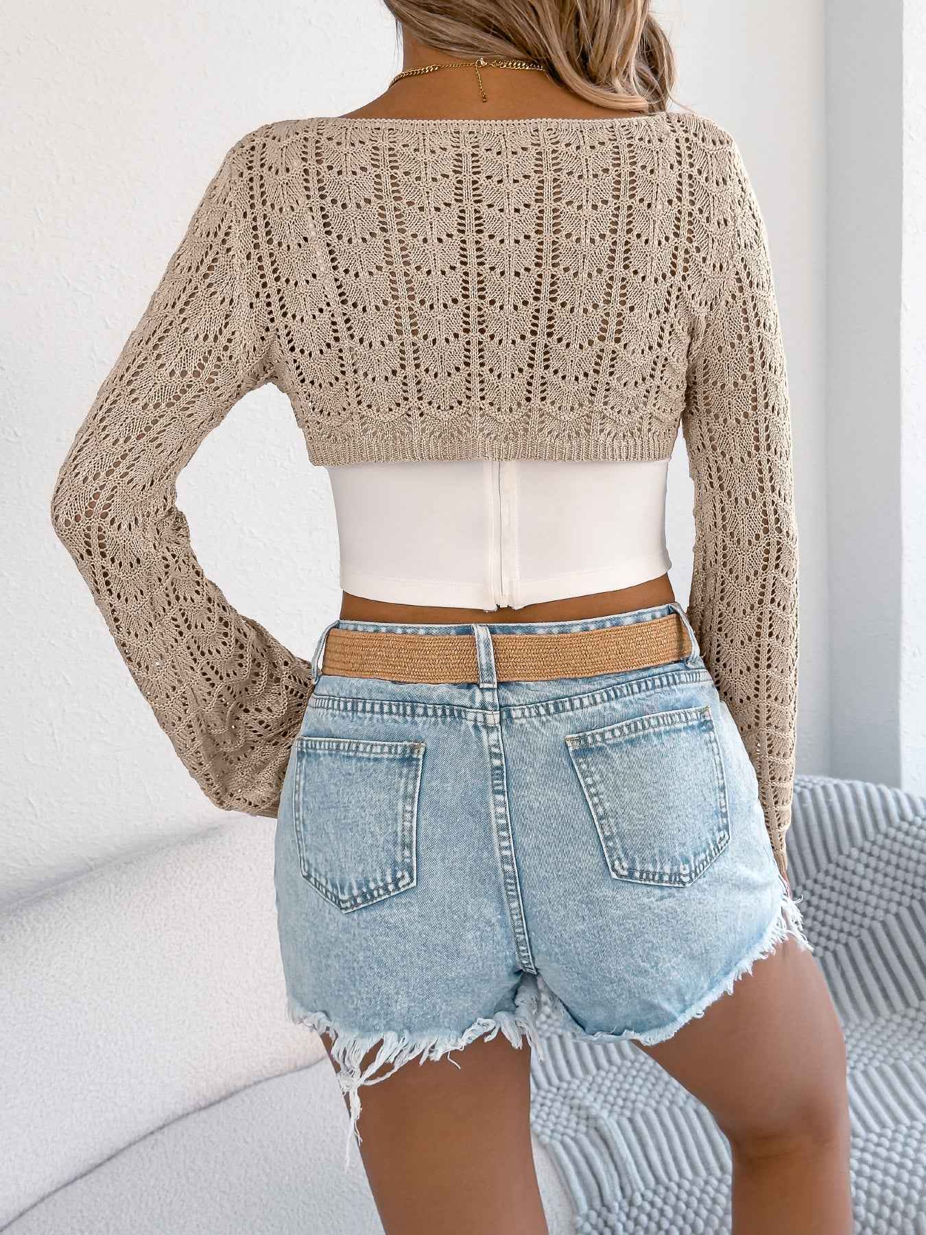 Sarah Express Women's Hollow Out Knit Cardigan Vest - Long Sleeve Layering Sweater