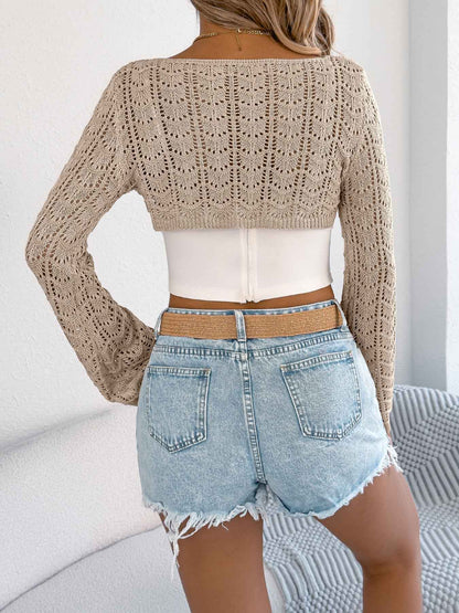 Sarah Express Women's Hollow Out Knit Cardigan Vest - Long Sleeve Layering Sweater