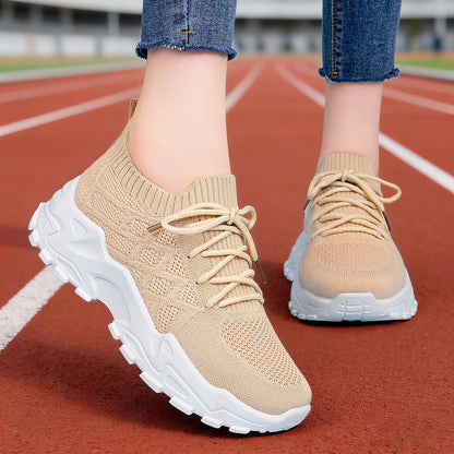 Sarah Express Women's Height Increasing Sneakers - Padded Comfort Dad Shoes with Mesh Lining Khaki