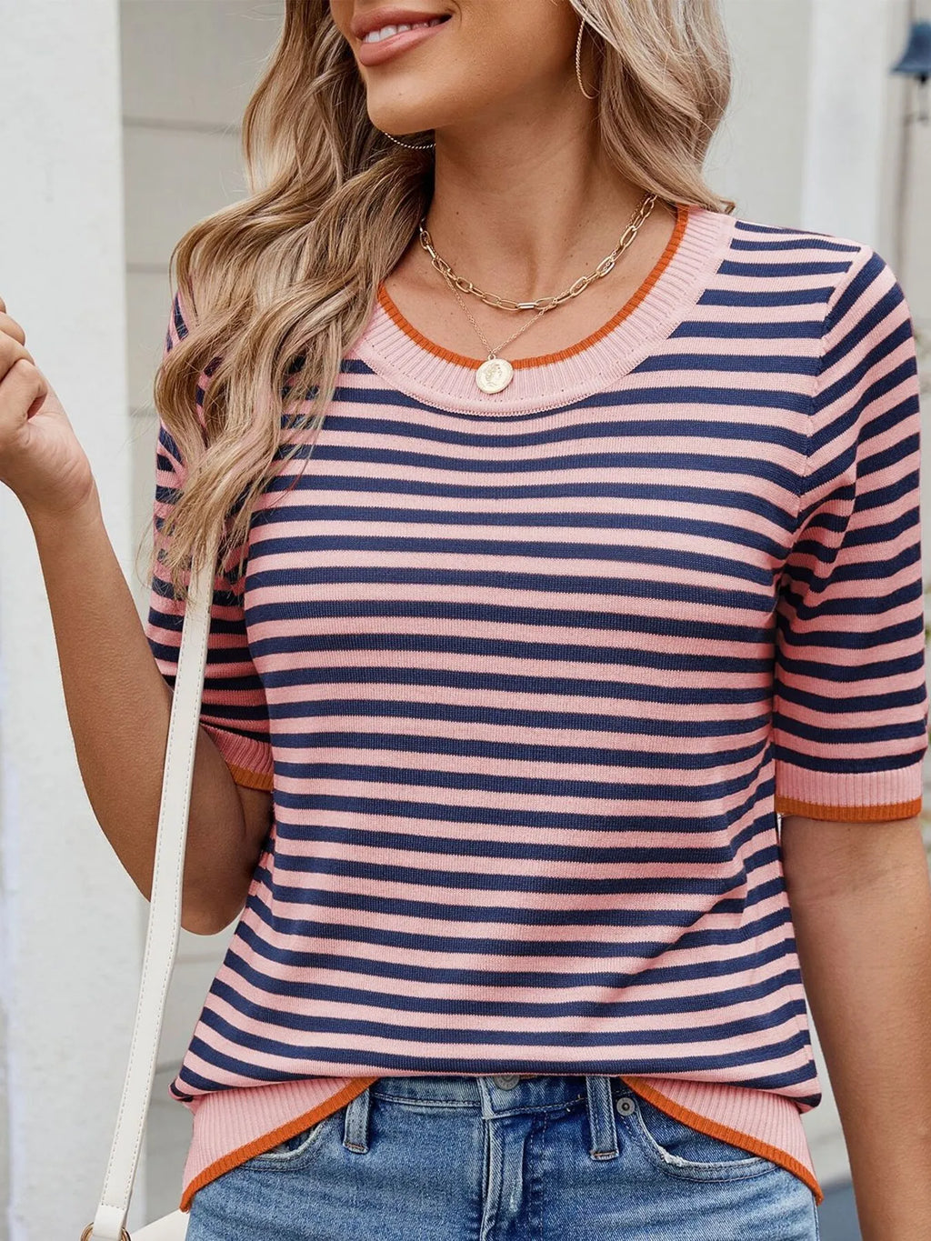 Sarah Express Women's Striped Casual T-Shirt with Contrast Trim