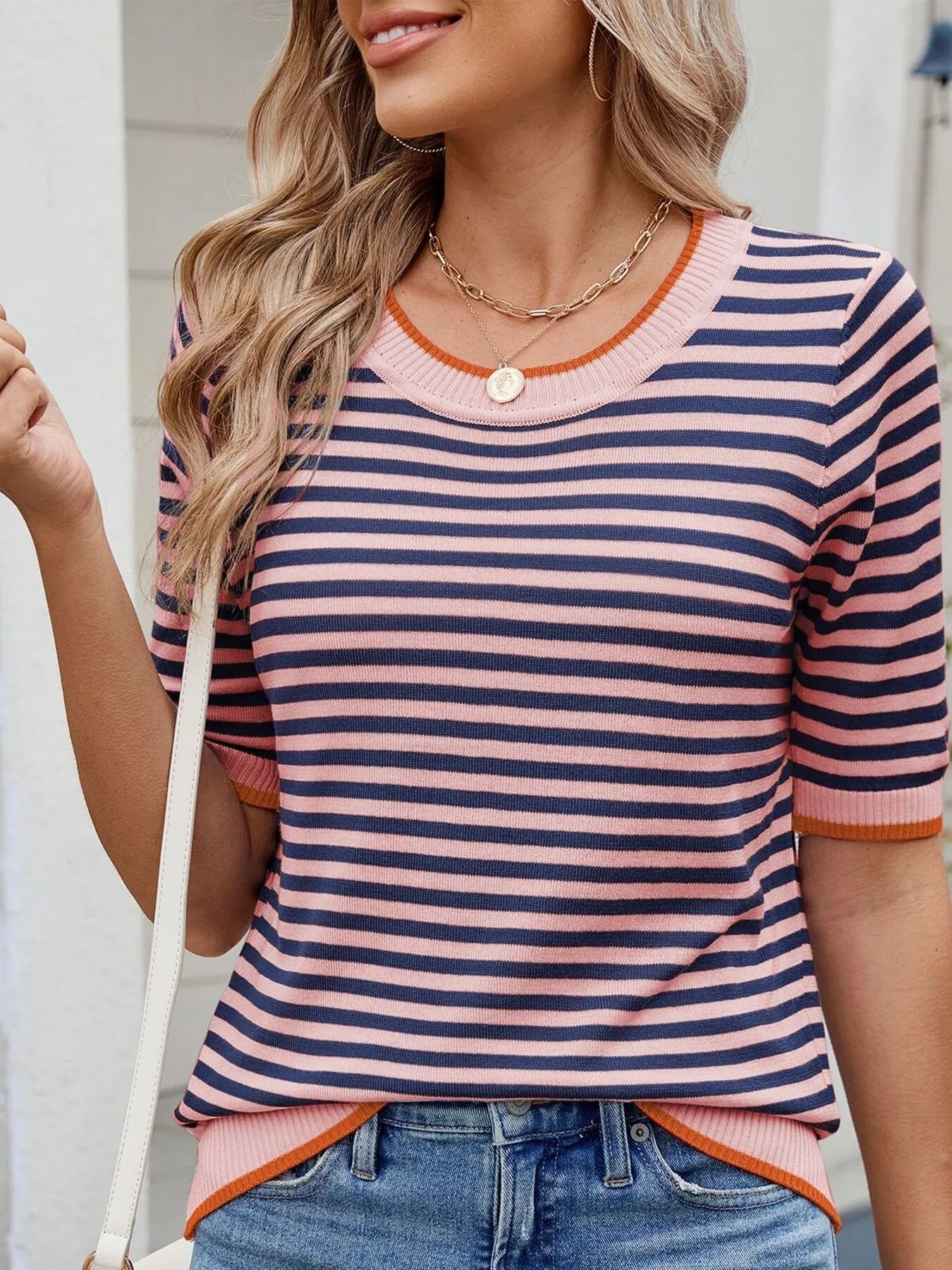 Sarah Express Women's Striped Casual T-Shirt with Contrast Trim