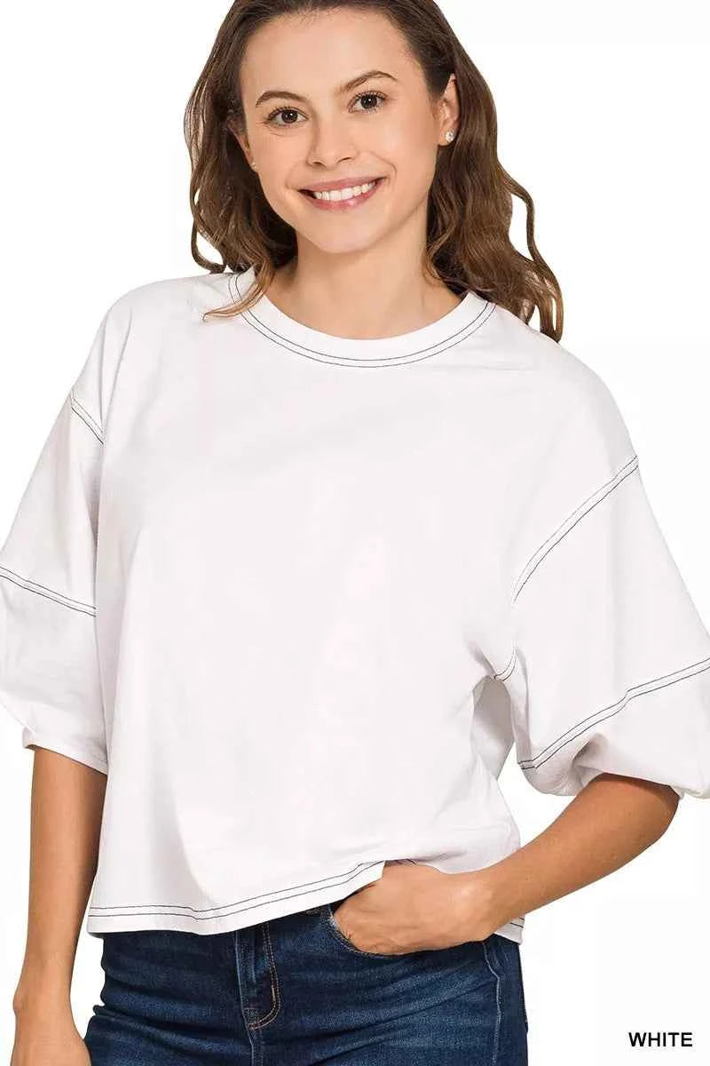 Sarah Express Women's Balloon Sleeve Top with Contrast Stitching - 100% Cotton Casual Blouse WHITE