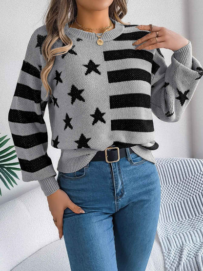 Sarah Express Women Casual Star Stripe Lantern Sleeve Long Sleeve Pullover Sweater
