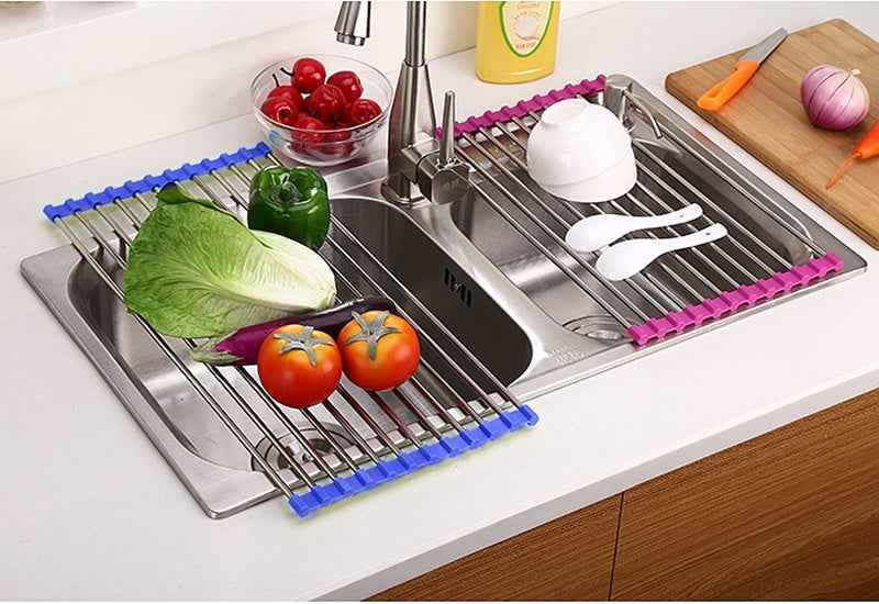 Sarah Express Folding Kitchen Sink Rack - Stainless Steel Dish Drainer Organizer