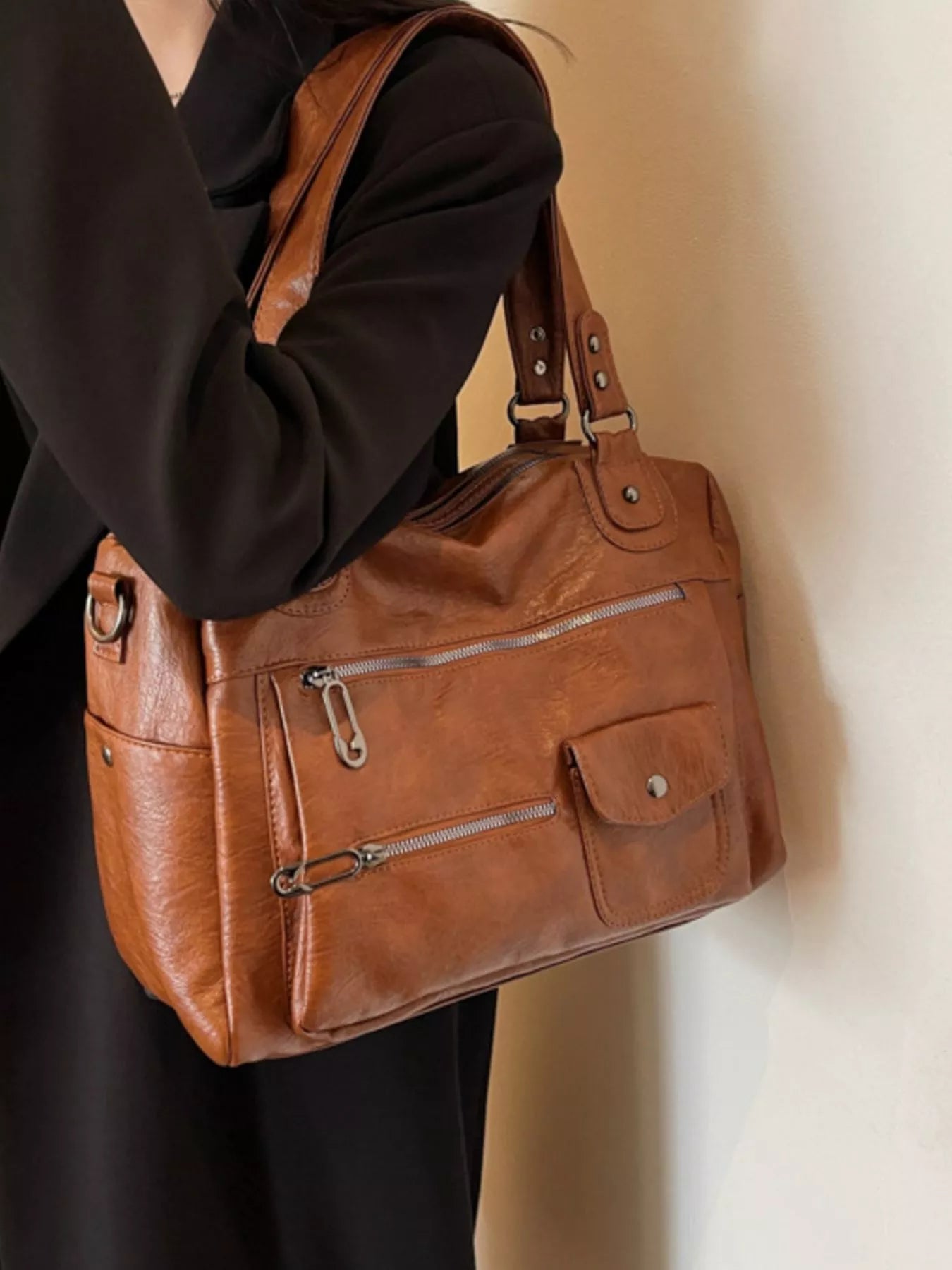 Sarah Express Women's Vintage Multi-Pocket Crossbody Bag - PU Leather Shoulder Bag