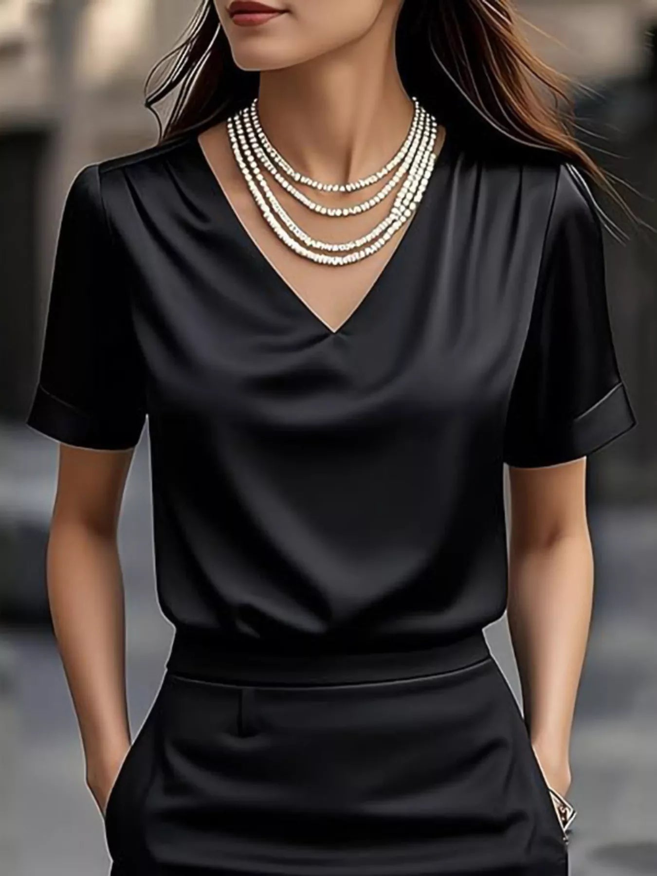 Sarah Express Women's V-Neck Short Sleeve Satin Blouse Black