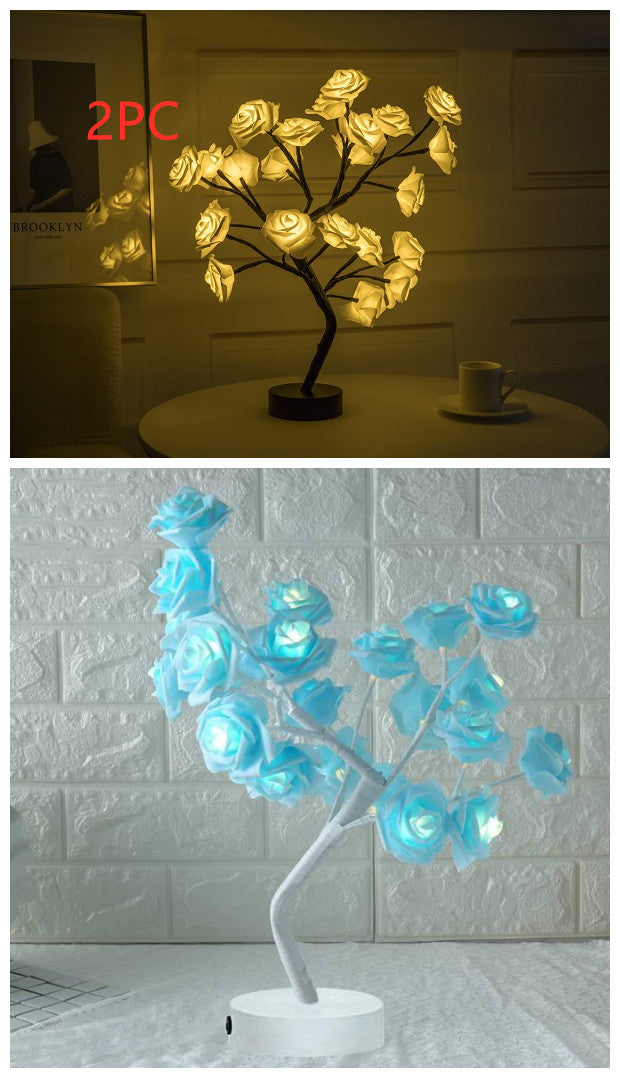 Sarah Express Rose Flower LED Table Lamp - USB Battery Operated Bonsai Tree Night Light for Bedroom Home Decor 2PCBY1Blue black