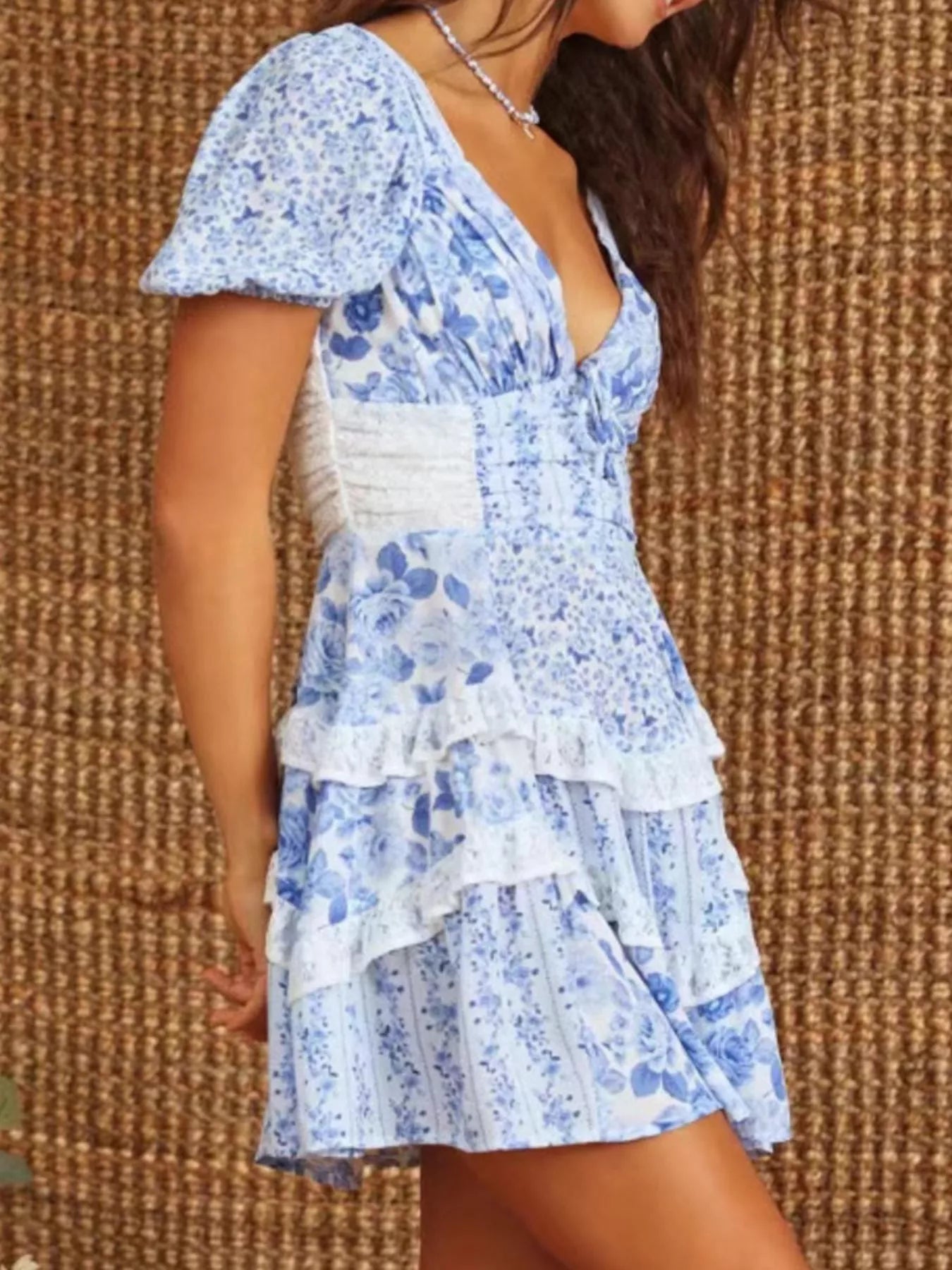 Sarah Express Women's Floral Puff Sleeve Tiered Mini Dress