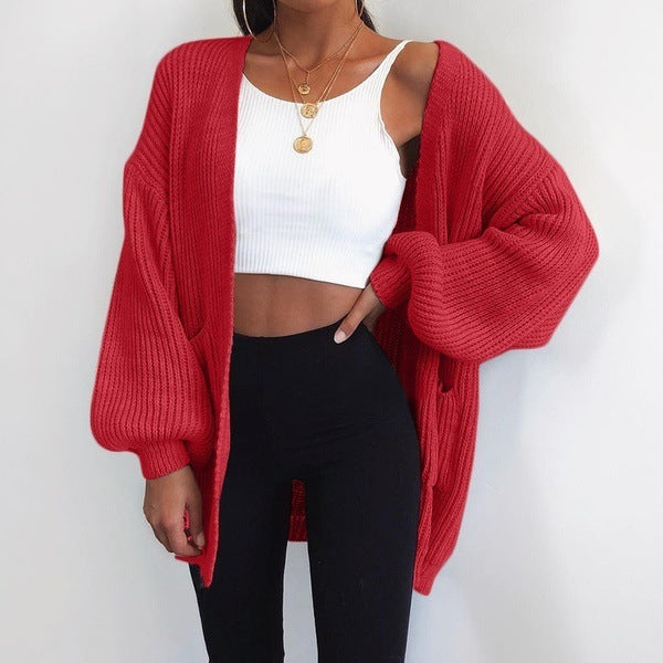 Sarah Express Women's Loose Fit Mid-Length Cardigan Sweater Open Front Knit Jacket Solid Color Casual